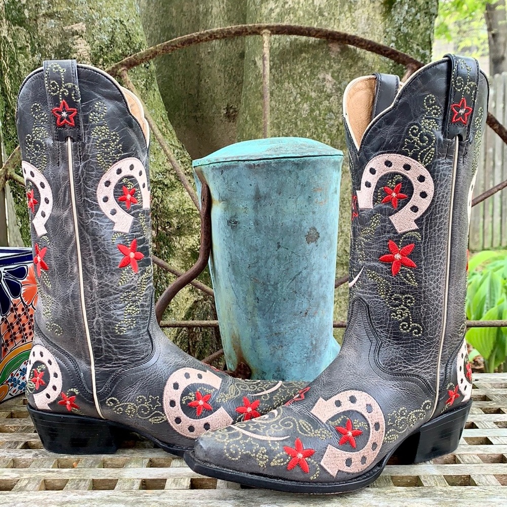 JB Dillon J.B. Dillon Near-NEW Lucky Horseshoe Cowgirl Cowboy Western Boots 7.5 - Picture 2 of 9